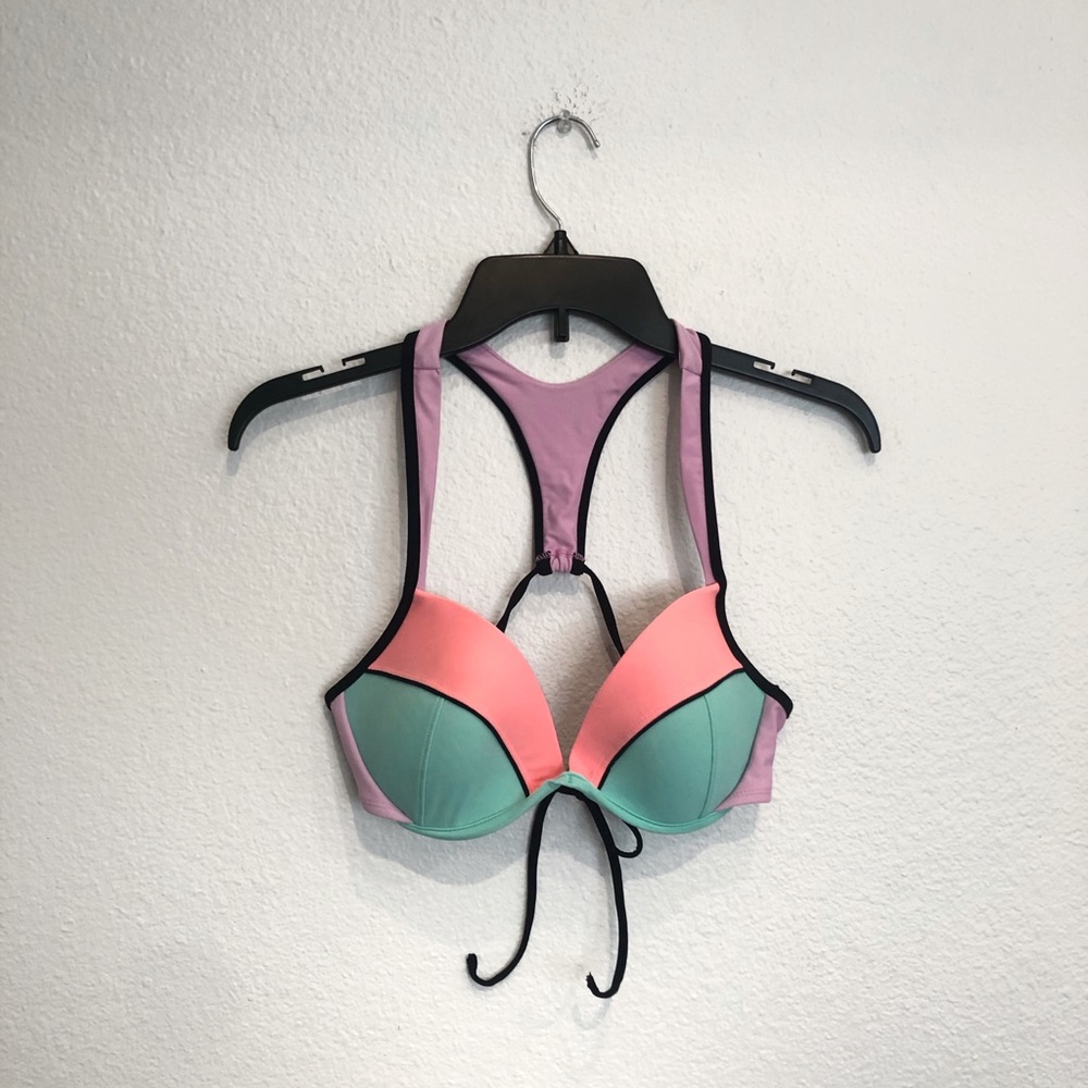 Pink blue and purple sporty bikini top